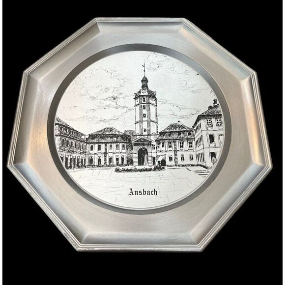 Vtg GES GESCH Pewter Plate Plaque Ansbach Germany Bavaria Clock Tower Building - Picture 1 of 4